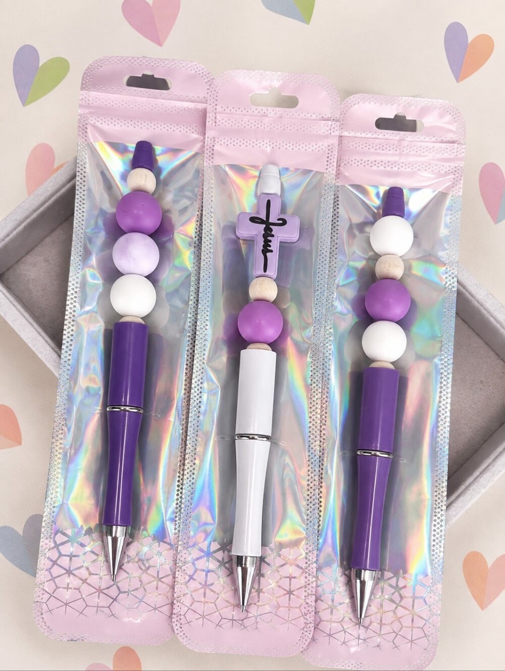 3pc Beaded Charm Faith Pens Bundle Purple